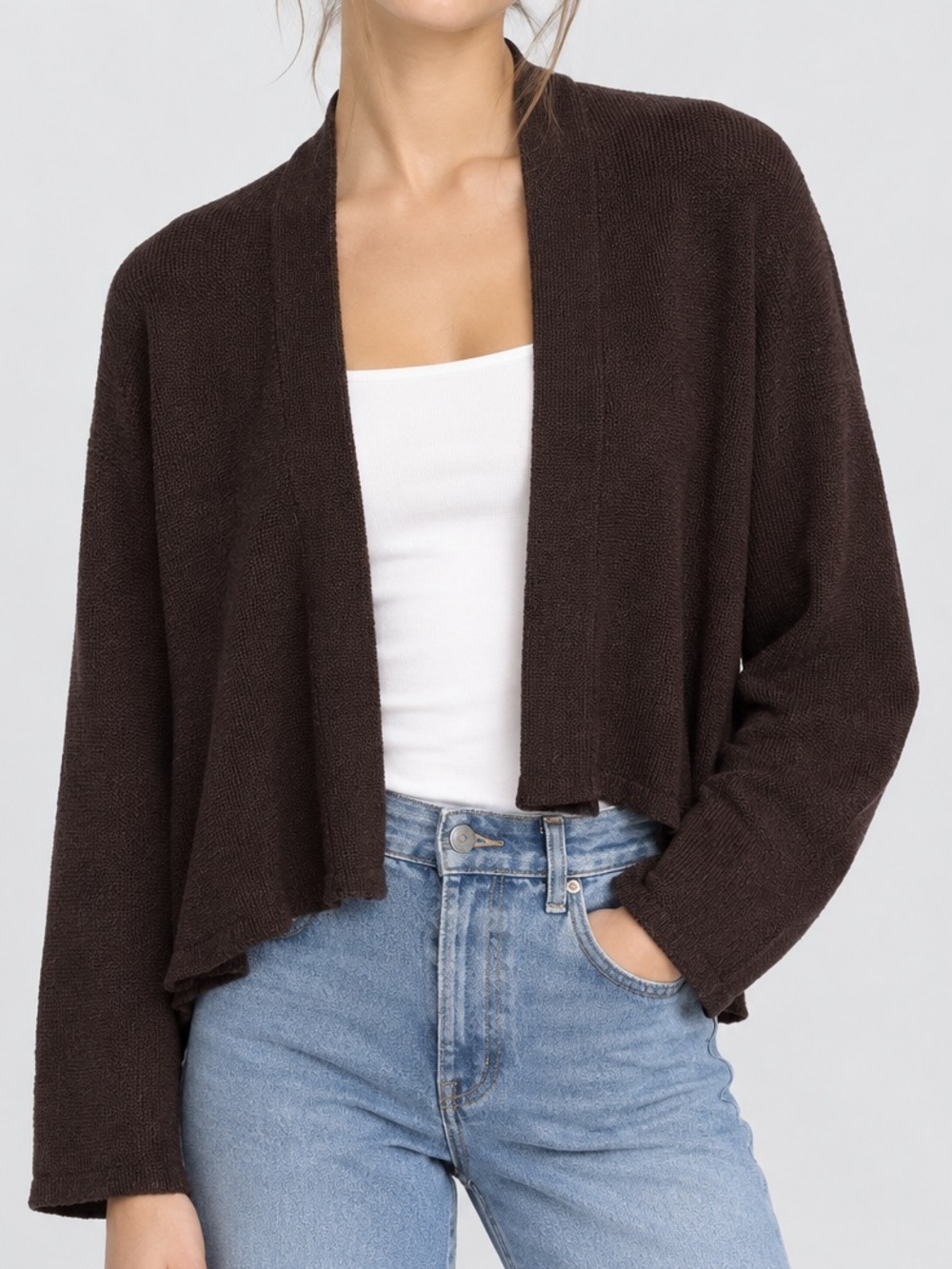 Eileen Fisher Dark Brown Open-Front Knit Cardigan Sweater